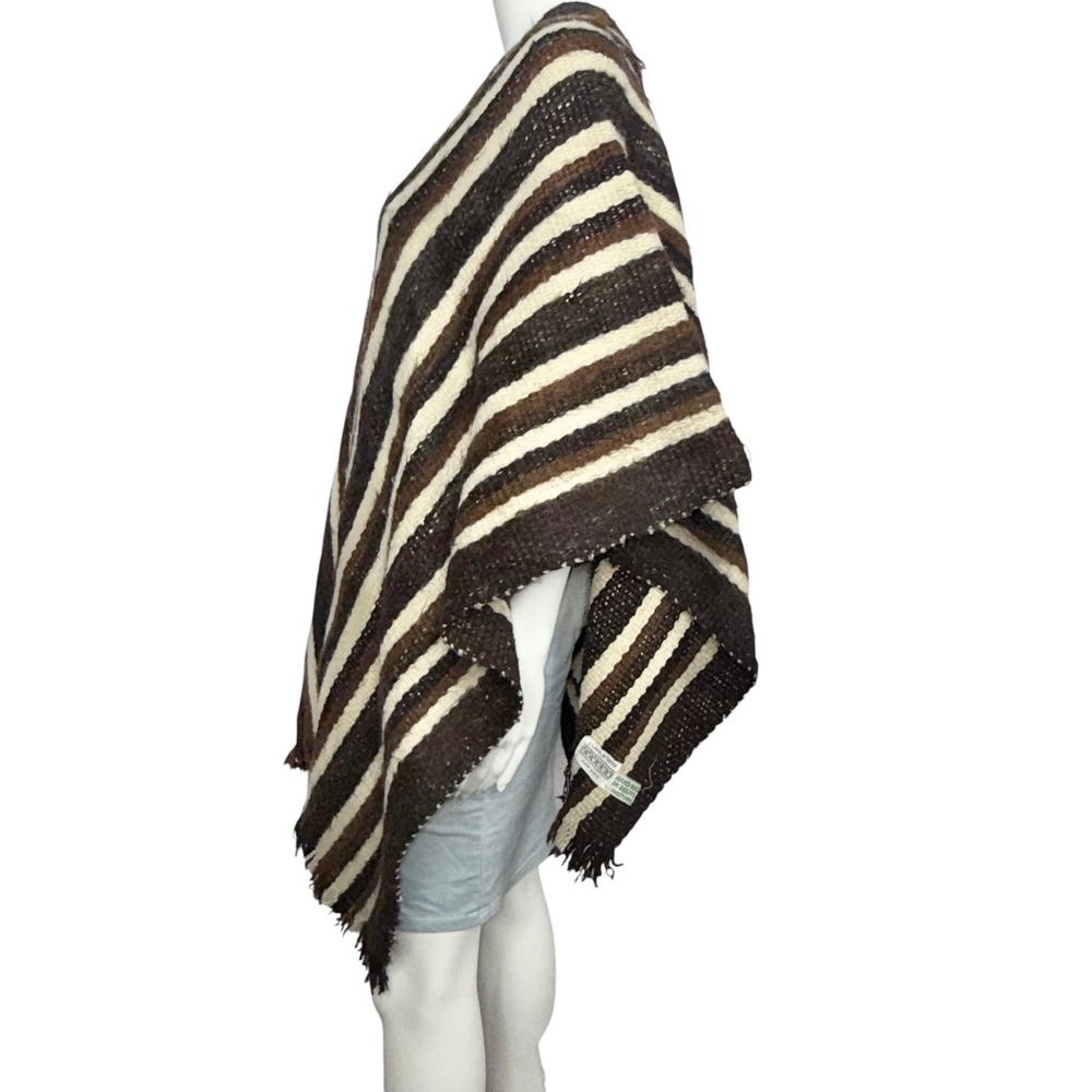 Luna D'oro Poncho Women OS Brown Striped 100% Alpaca Hand Made Bolivia Excellent - Picture 3 of 6